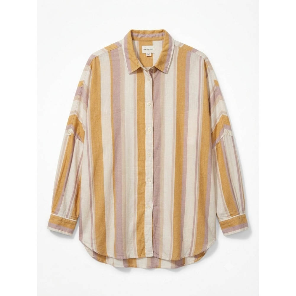 American Eagle Women XL Stripe Button Down Shirt Blouse Long Sleeve Linen Blend